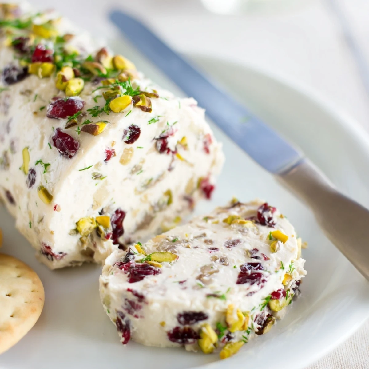 Cranberry Pistachio Cheese Log rolled in crunchy pistachios, ready for crackers.