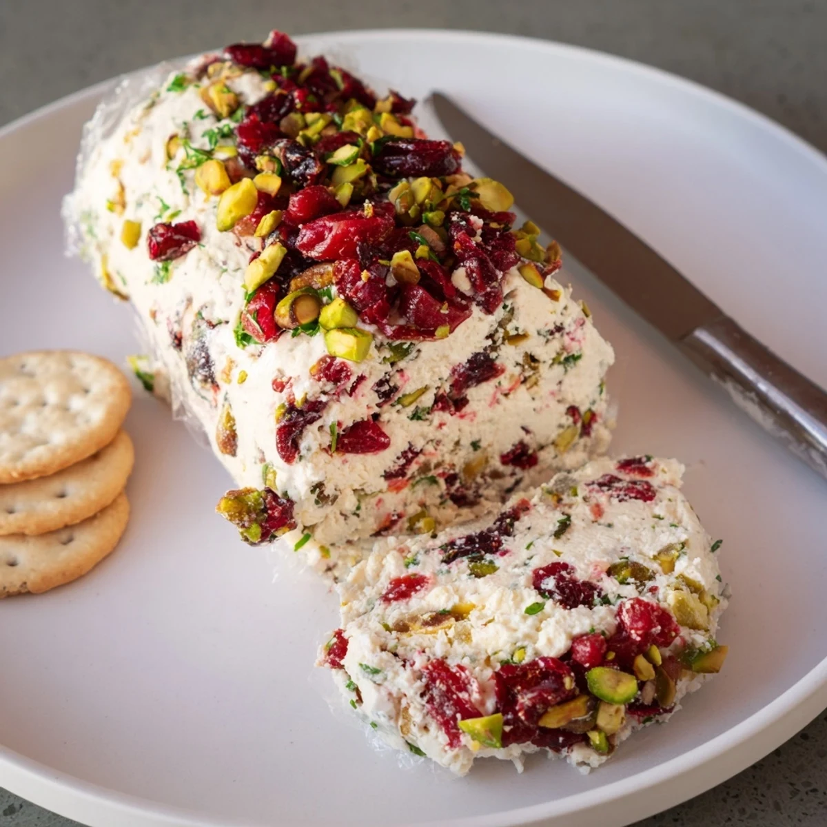 Creamy tangy Cranberry Pistachio Cheese Log studded with dried cranberries, fresh herbs.