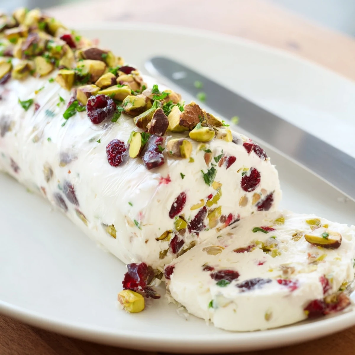 Chilled Cranberry Pistachio Cheese Log sliced on wooden board with baguette.