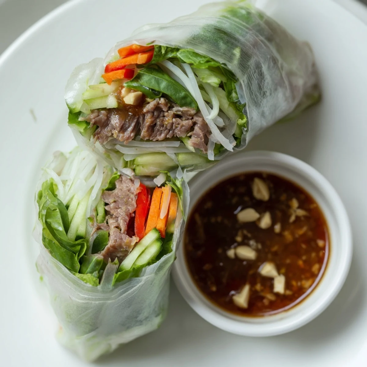 Handheld Thai Basil Beef Rolls wrapped in translucent rice paper, served halved.