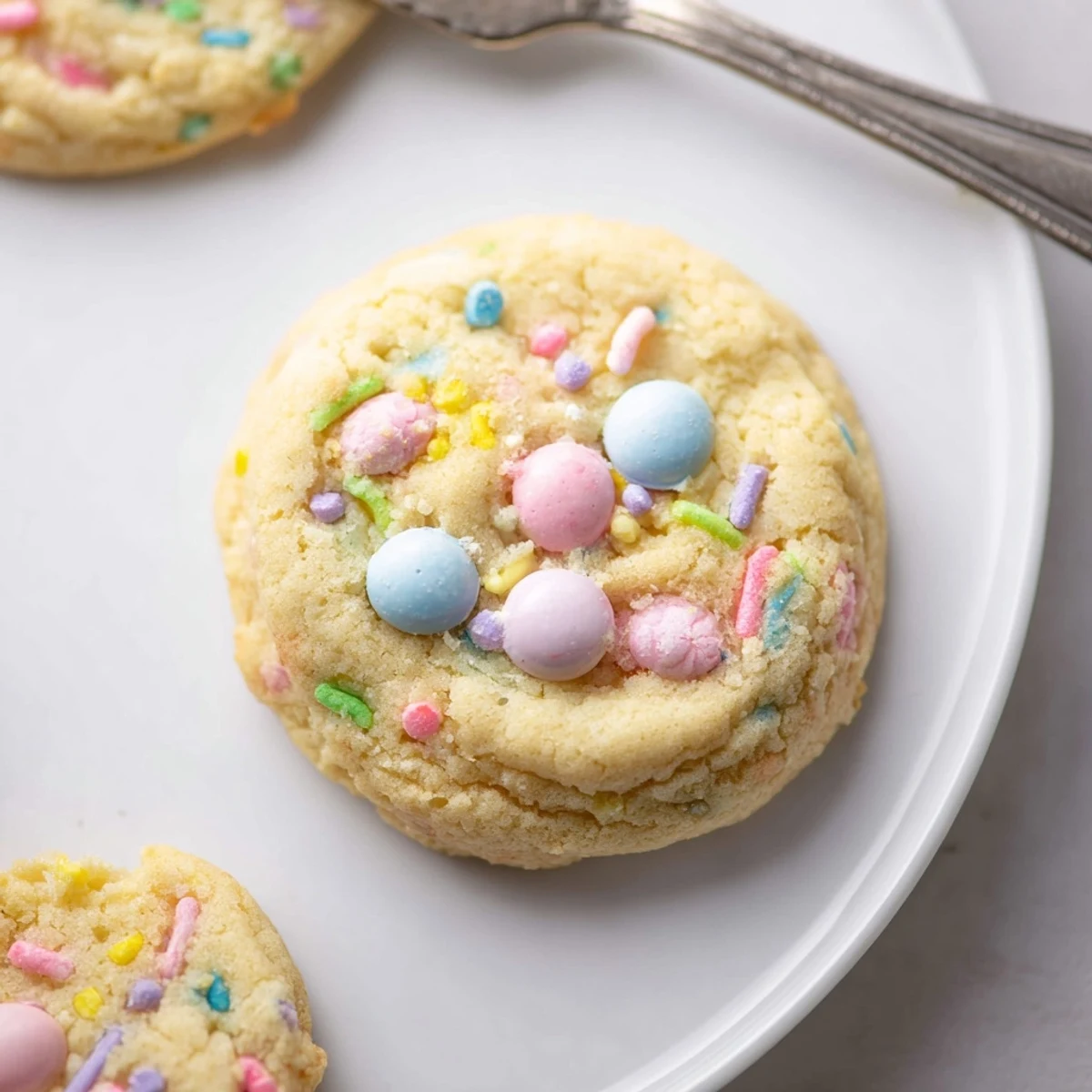 Plate of Easter Funfetti Cookies sprinkled with jimmies, chewy texture, festive.