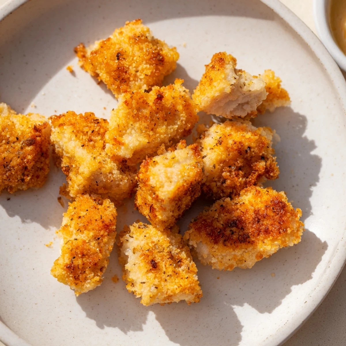 Juicy Chicken Bites with crunchy crust served on wooden board, lemon