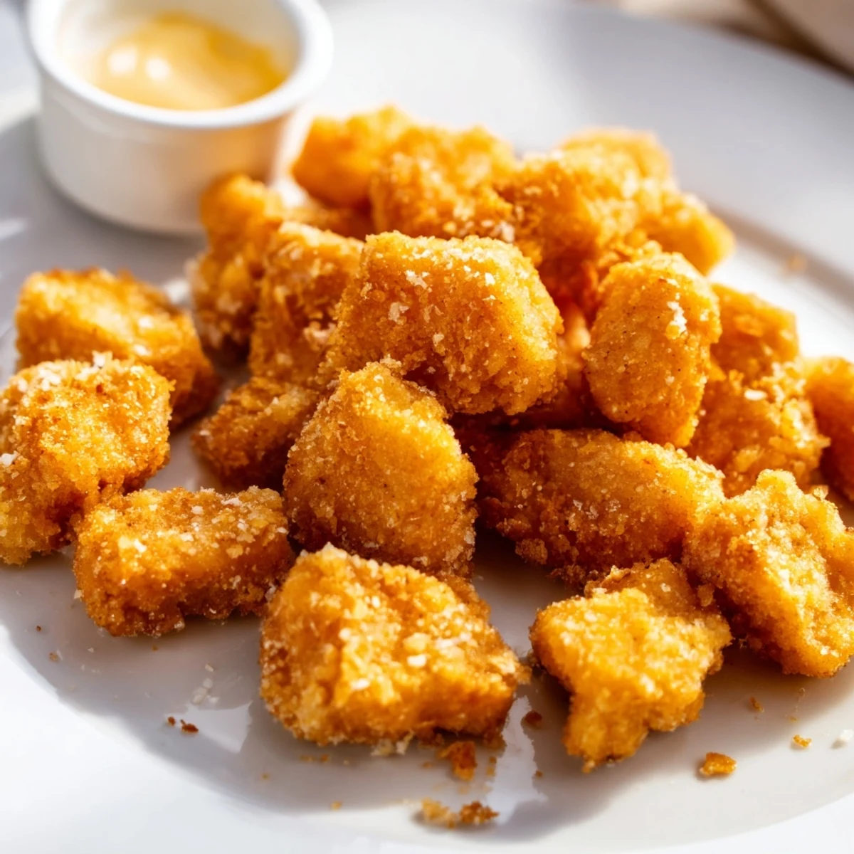 Crispy golden Chicken Bites piled on parchment, steam rising, ranch nearby