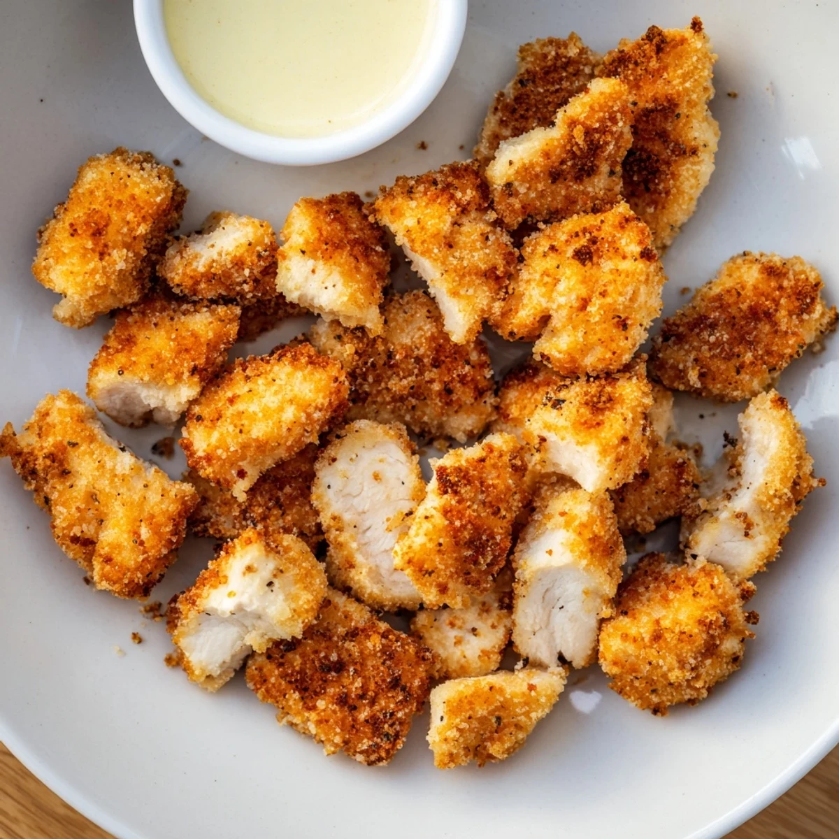Hot fried Chicken Bites arranged beside honey mustard, steam and coarse salt