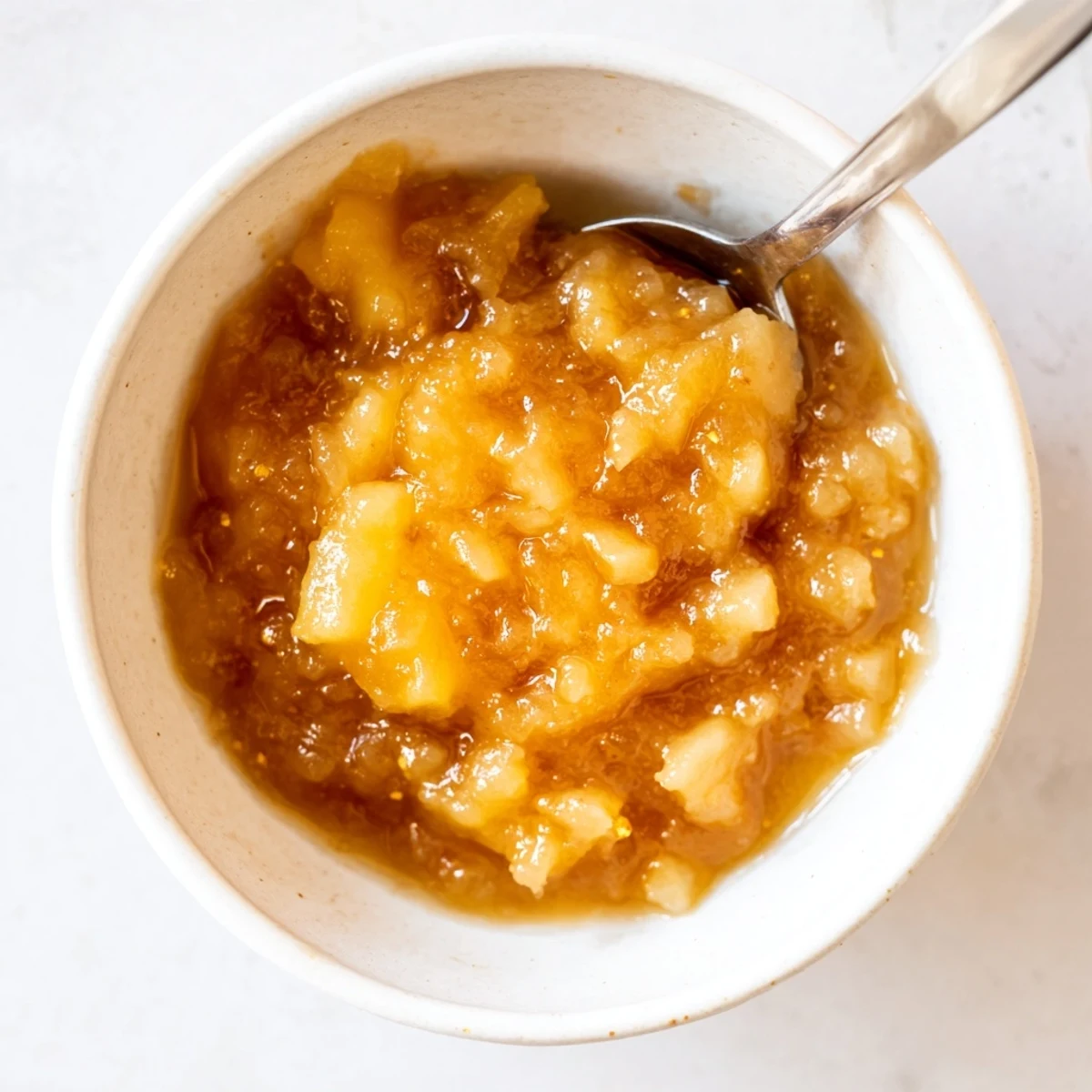 Fall Caramel Apple Jam glistening in jar, chunky apples and warm cinnamon.