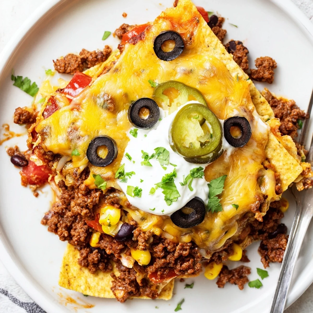 Cheesy Nacho Casserole bubbling golden with melted cheddar, tortilla chips peeking