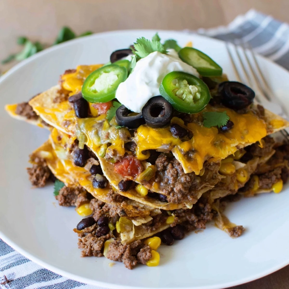 Layered Cheesy Nacho Casserole on a baking dish, topped with green onions
