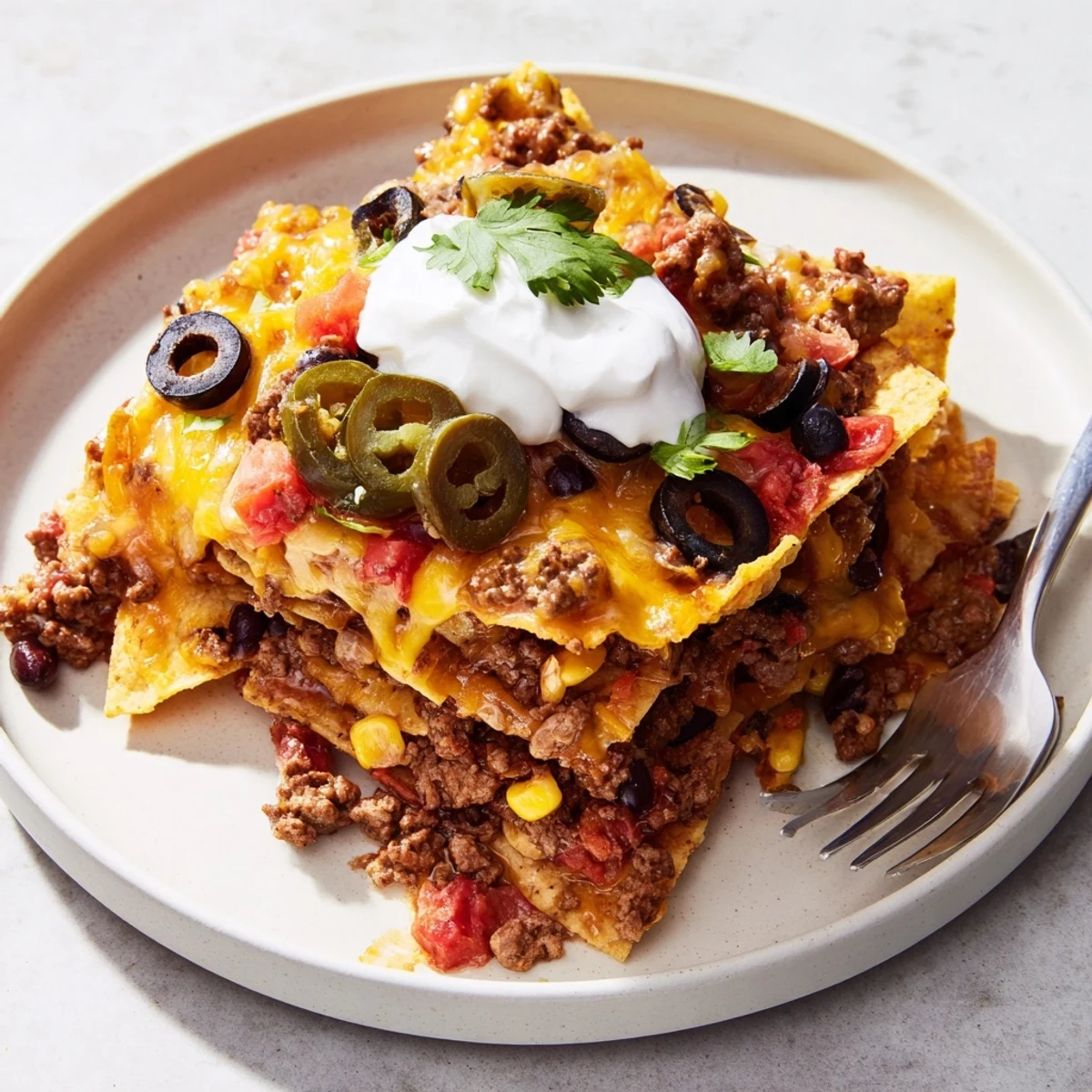 Warm Cheesy Nacho Casserole plated with sour cream dollop and bright cilantro