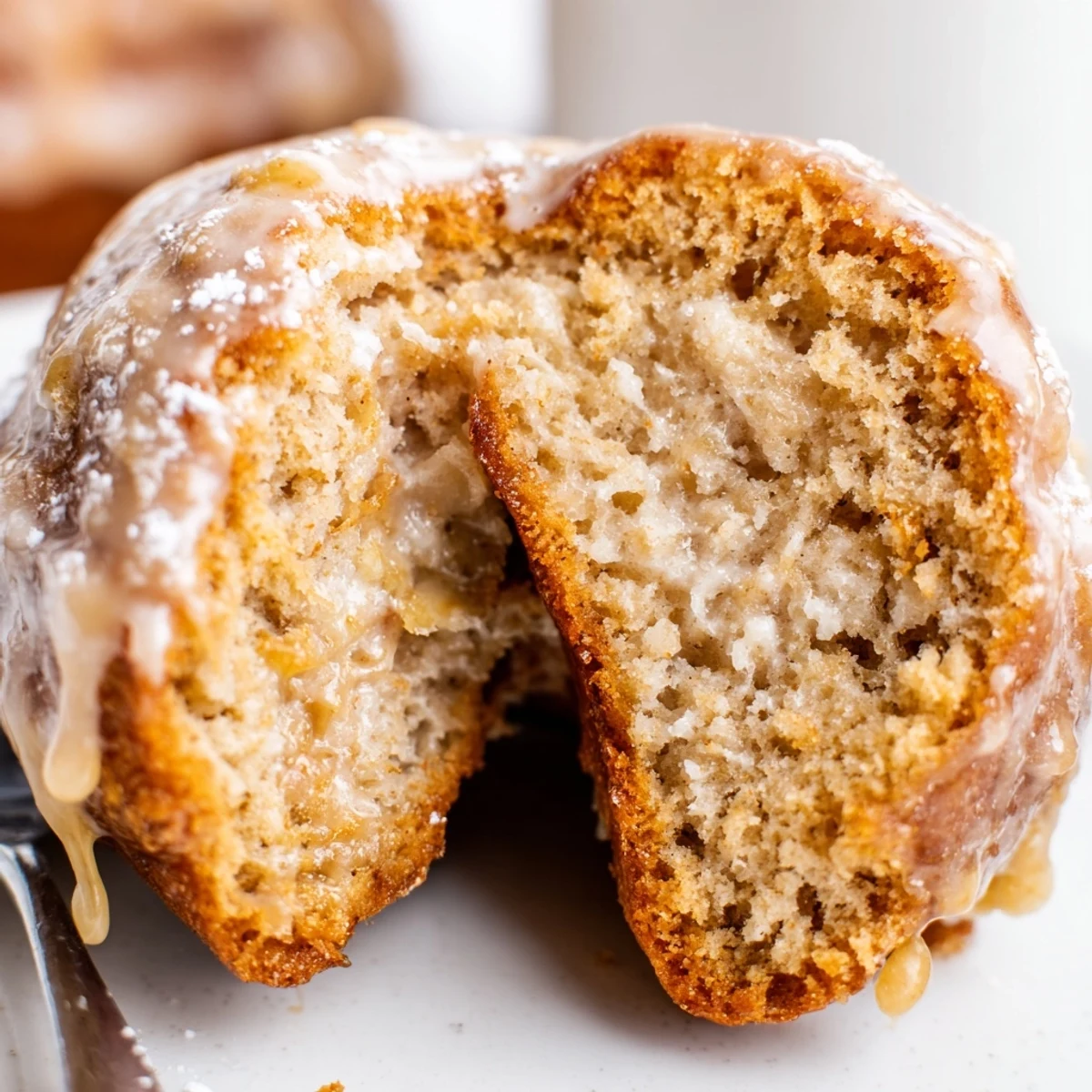 Stacked on a plate with coffee, soft Banana Donuts showing banana flecks.