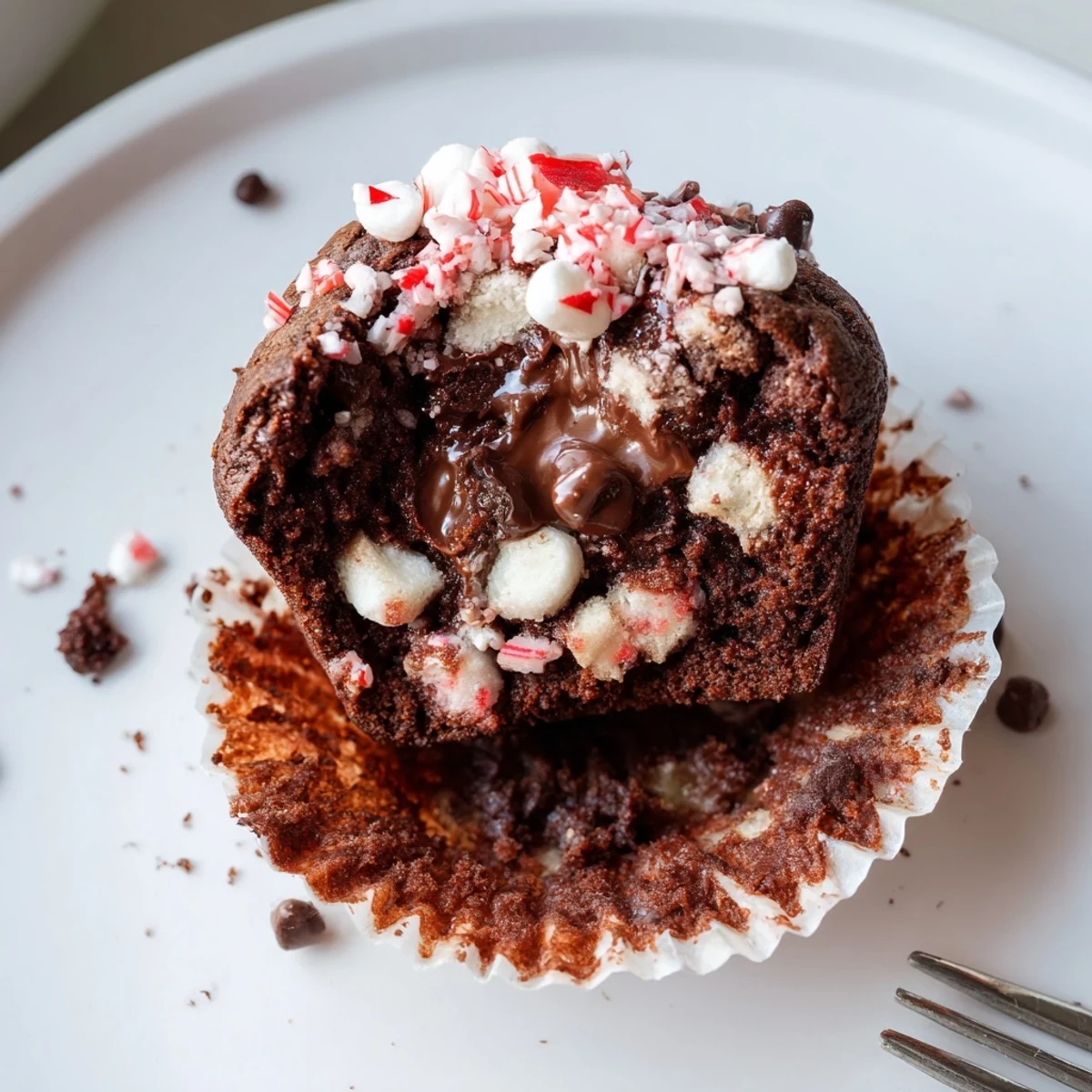 Peppermint Hot Chocolate Muffins steaming with melted chocolate, crushed candy sprinkled on top