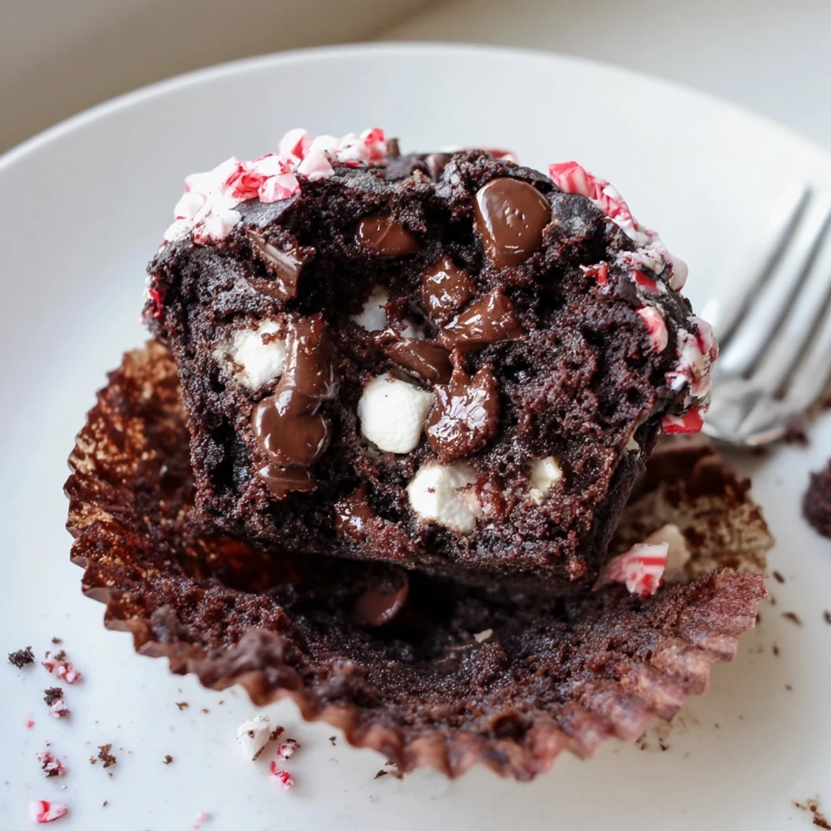 Two Peppermint Hot Chocolate Muffins on a rack, gooey centers visible