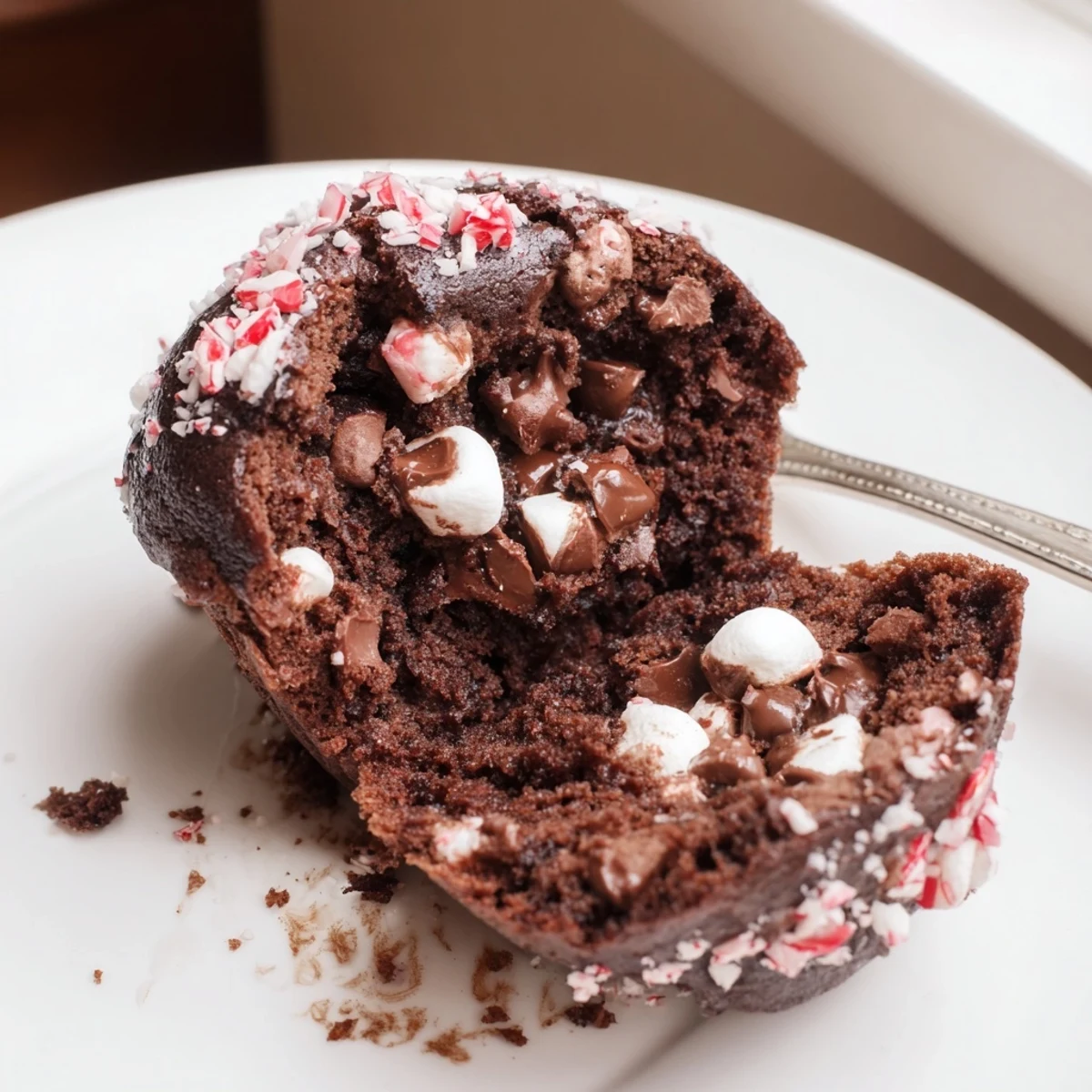 Warm Peppermint Hot Chocolate Muffins garnished with marshmallows, perfect with coffee