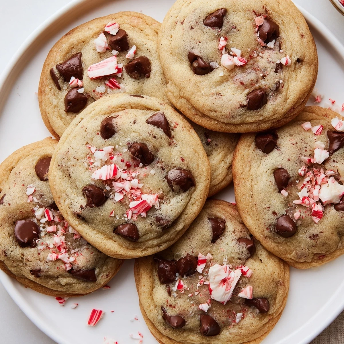 Warm Peppermint Chocolate Chip Cookies with melting chocolate, peppermint specks, holiday platter  