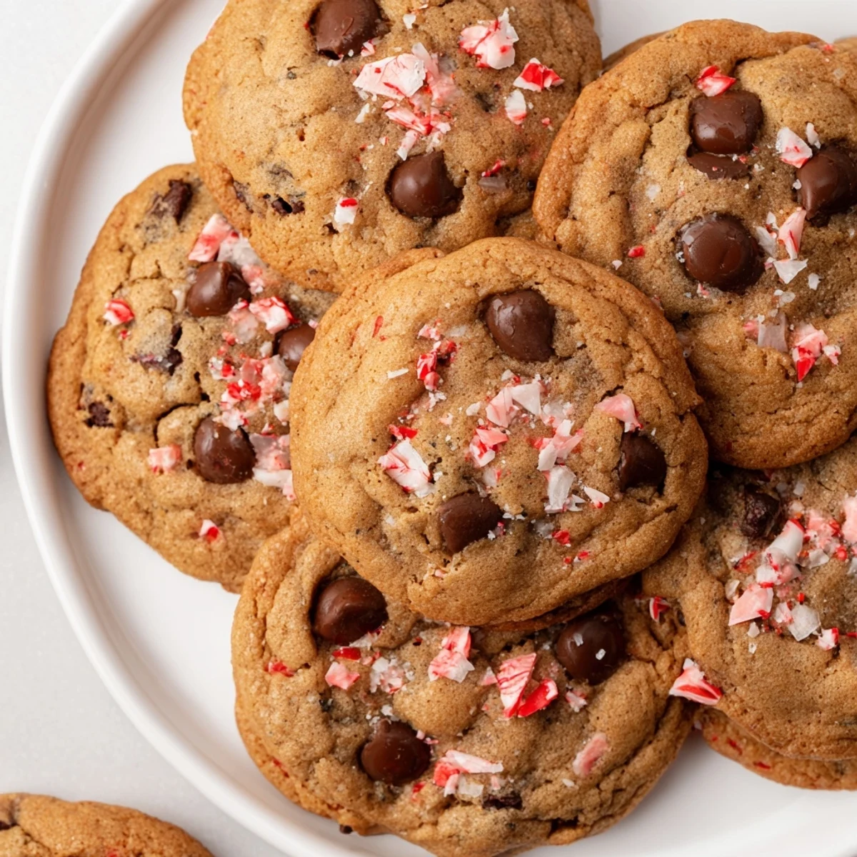 Peppermint Chocolate Chip Cookies cooling on a wire rack, glossy chips, crushed candy  