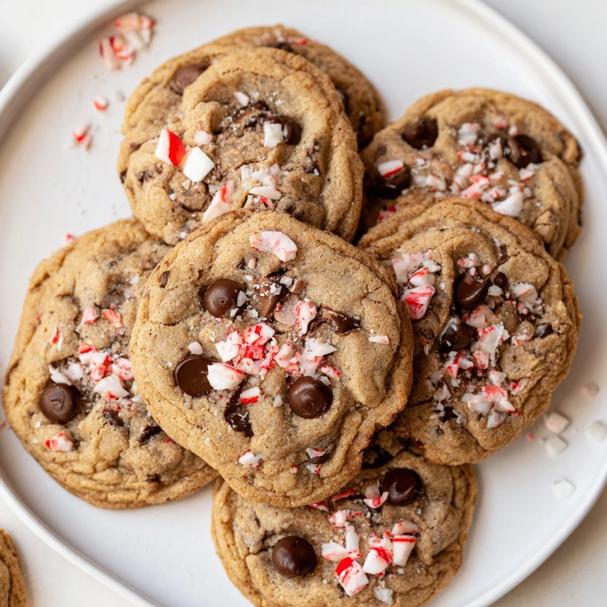 Stacked Peppermint Chocolate Chip Cookies drizzled with white chocolate, ready for gifting