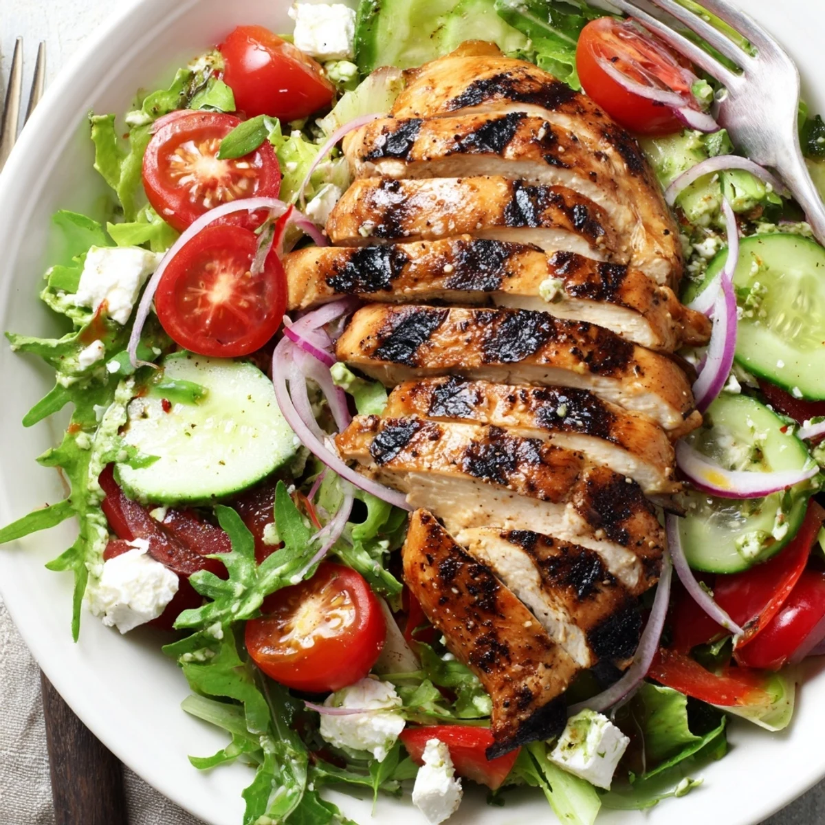 Grilled Chicken Salad Avocado Herb Dressing showcasing sliced smoky chicken over vibrant greens.