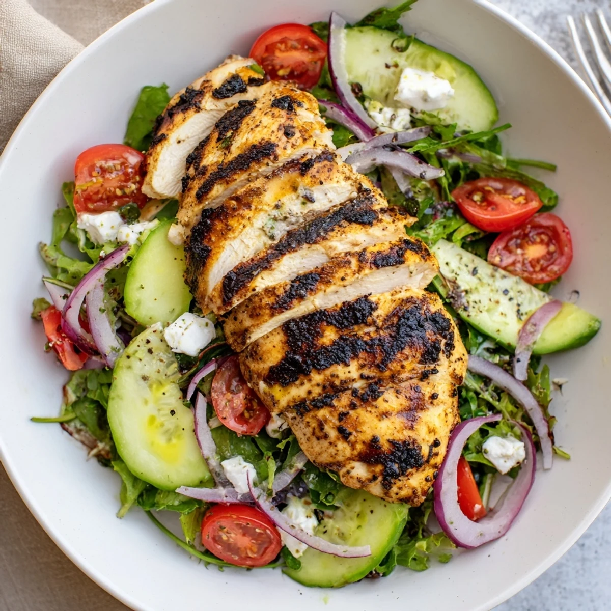 Sliced warm chicken, cherry tomatoes, and lime on Grilled Chicken Salad Avocado Herb Dressing.