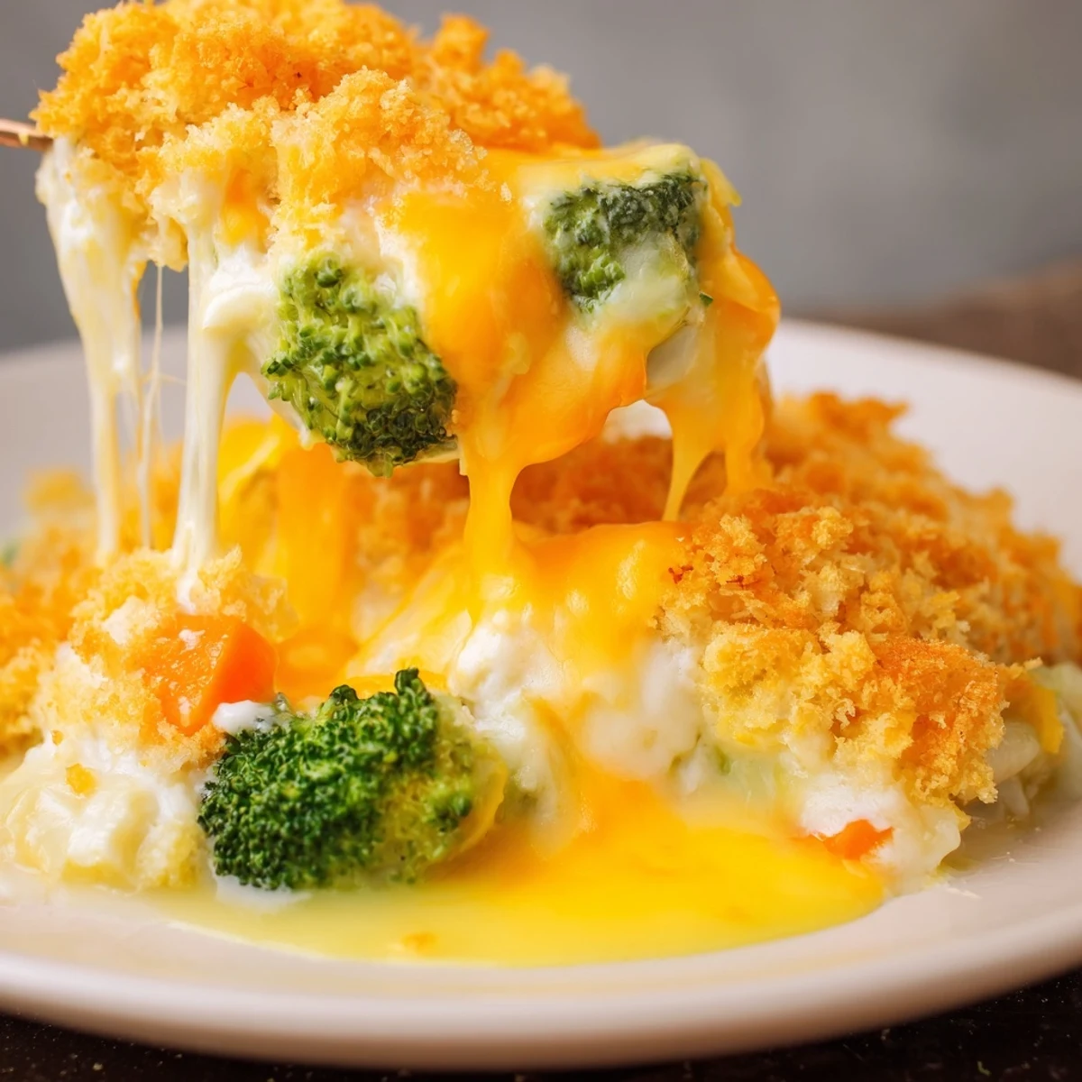 Golden, bubbling Cheese Bake Broccoli Carrots with crisp panko topping, steaming