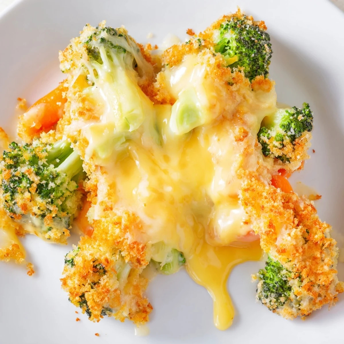 Creamy Cheese Bake Broccoli Carrots served warm, buttery crumbs and melted cheddar