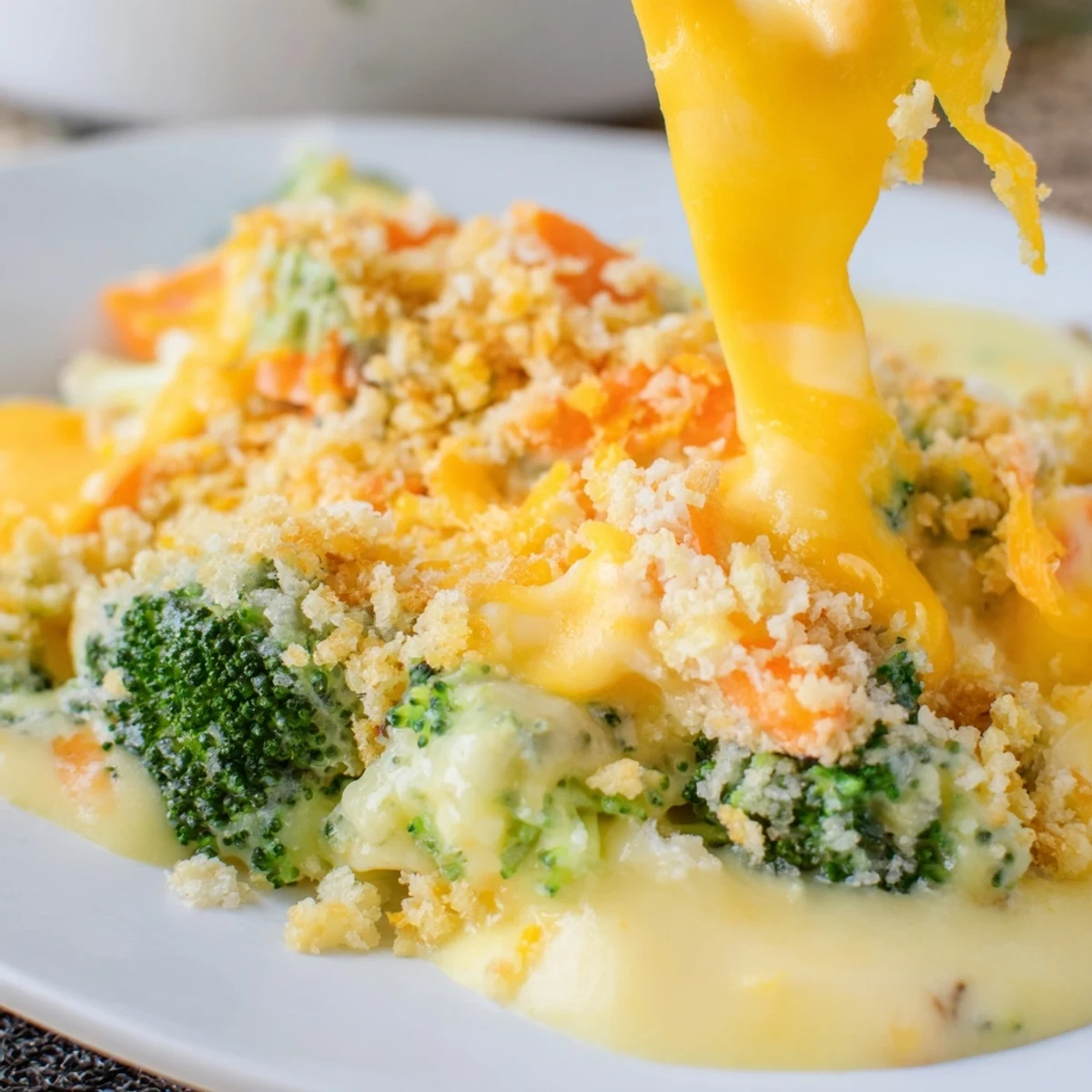 Weeknight Cheese Bake Broccoli Carrots with tender florets, sweet slices, oven-browned