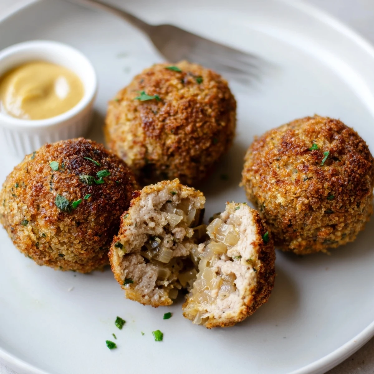 Baked Sage Onion Chicken Balls, golden brown, herby aroma with caramelized onions