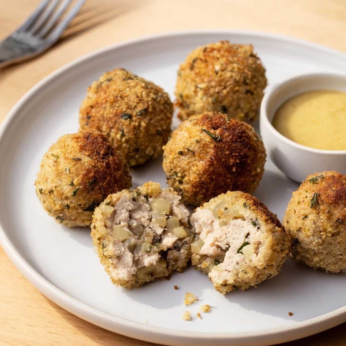 Sage Onion Chicken Balls with crispy edges, warm herb aroma, served with roasted vegetables