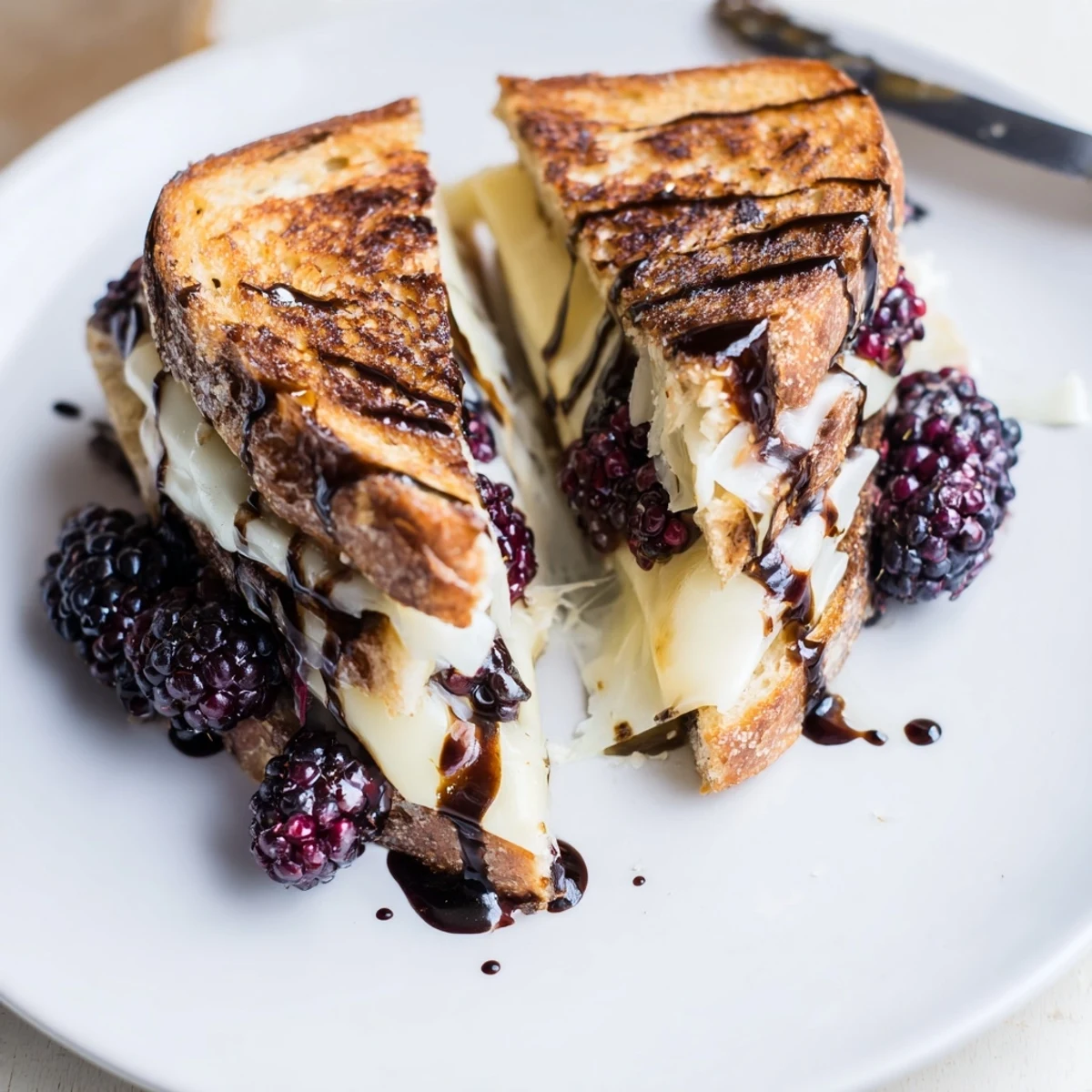Balsamic Blackberry Bliss Grilled Cheese oozing melted brie, glossy dark glaze.
