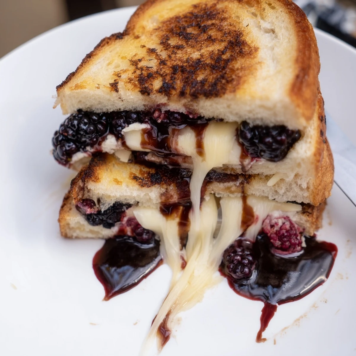 Warm Balsamic Blackberry Bliss Grilled Cheese with golden crust, juicy berry pockets.