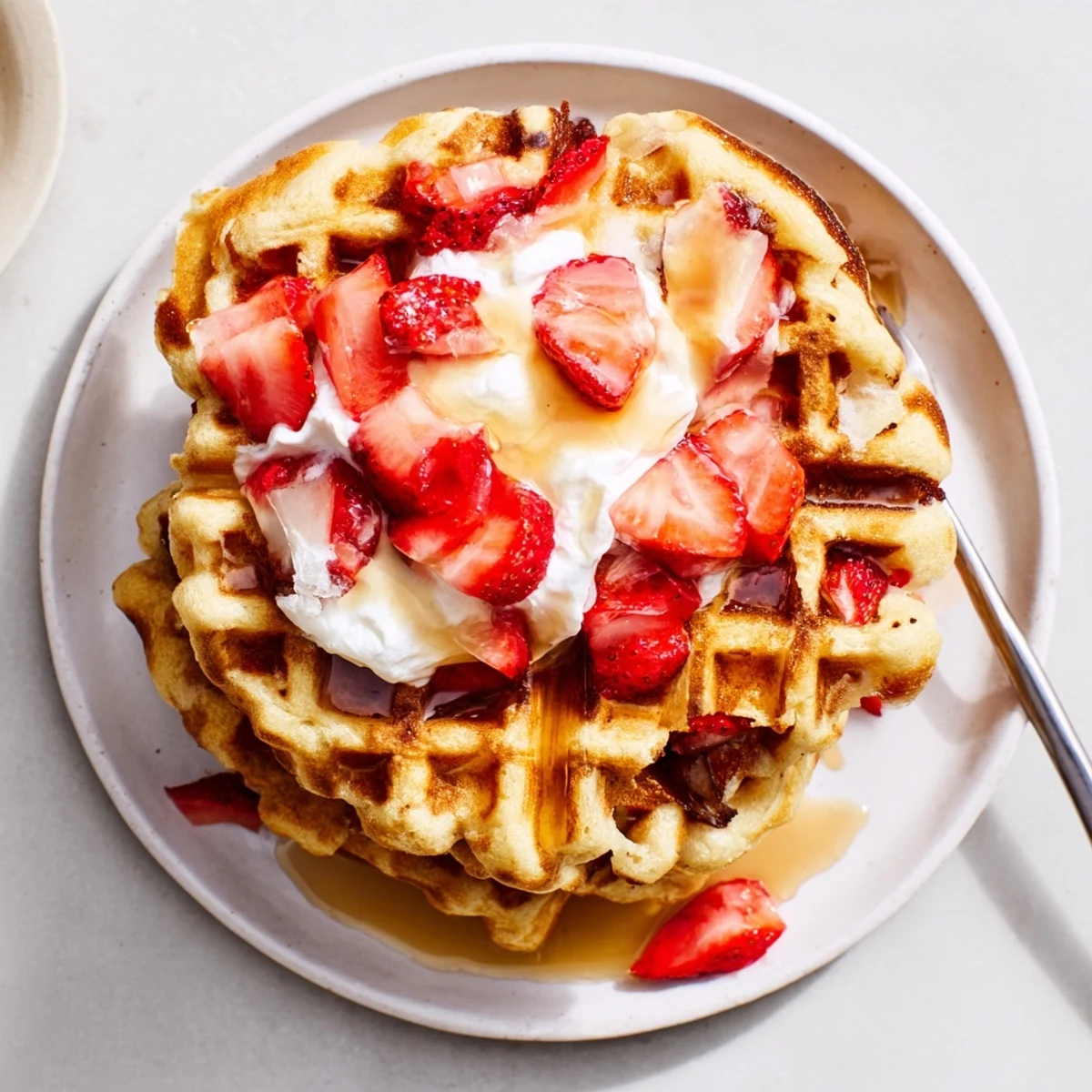 Strawberry Waffles Recipe: golden crispy waffles topped with whipped cream and syrup