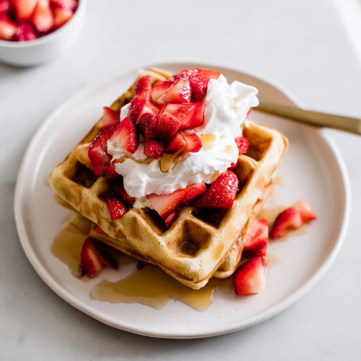 Warm Strawberry Waffles Recipe studded with diced berries and maple syrup