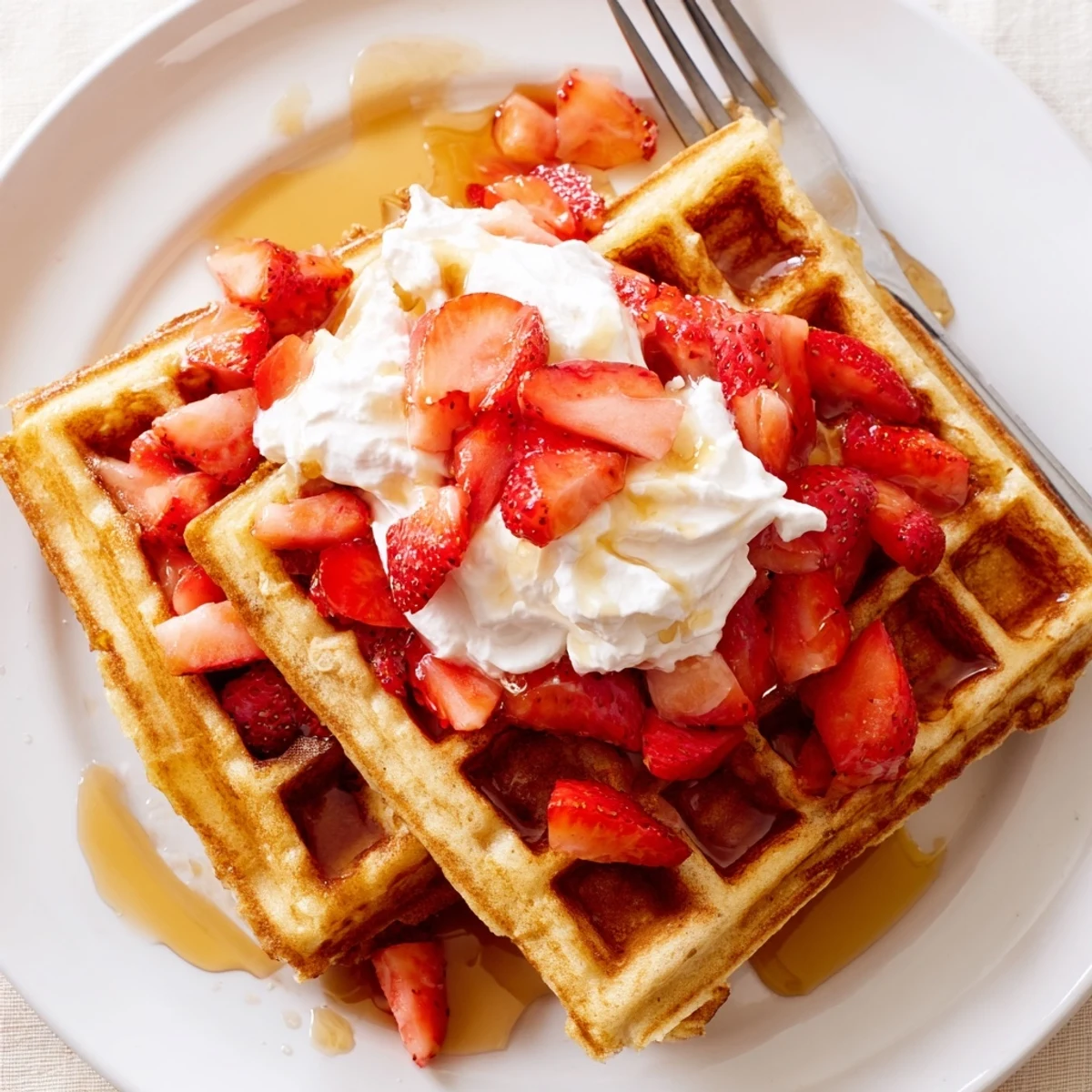 Light, fluffy Strawberry Waffles Recipe steaming on a plate, butter melting