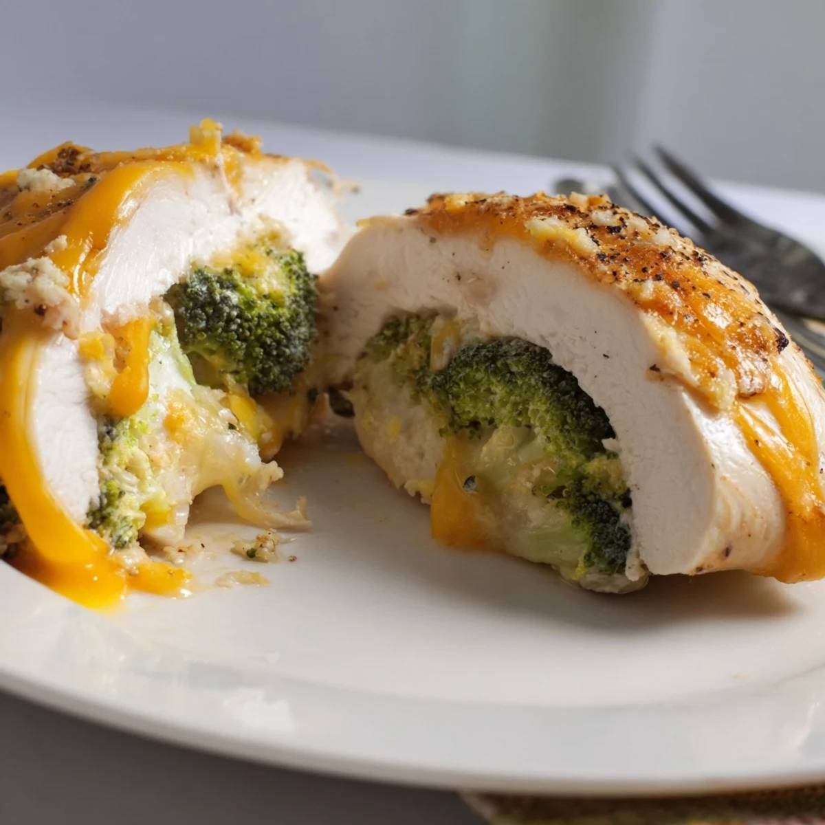 Sliced Broccoli Cheese Stuffed Chicken Breast revealing creamy broccoli and cheddar filling