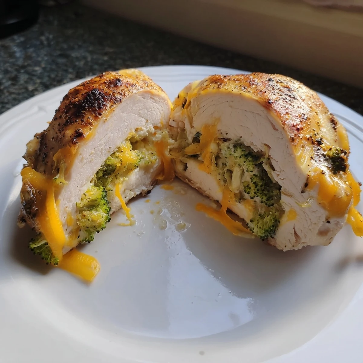 Oven baked Broccoli Cheese Stuffed Chicken Breast served warm with crisp green salad