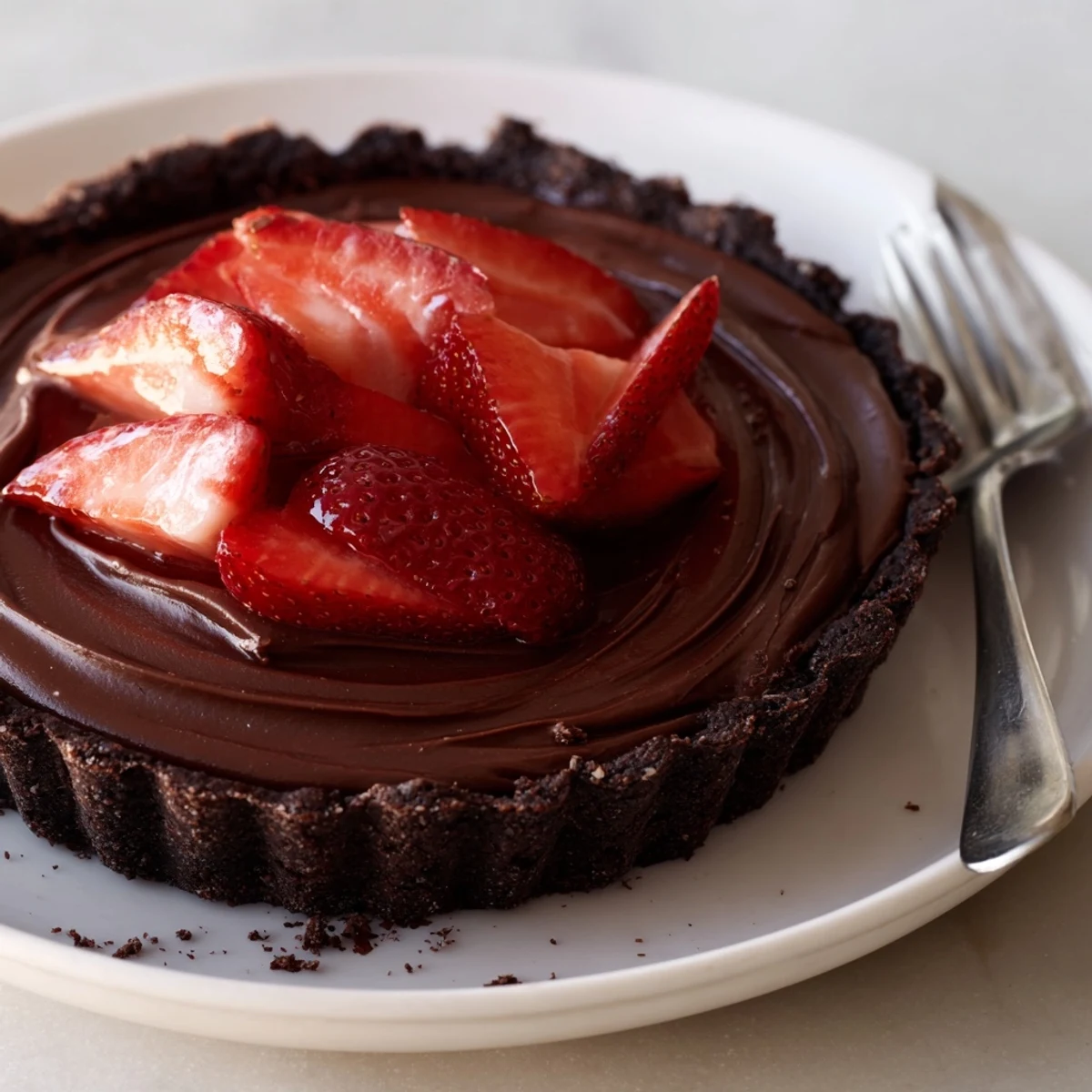 Dark Chocolate Strawberry Tart Recipe with glossy ganache and ripe strawberries
