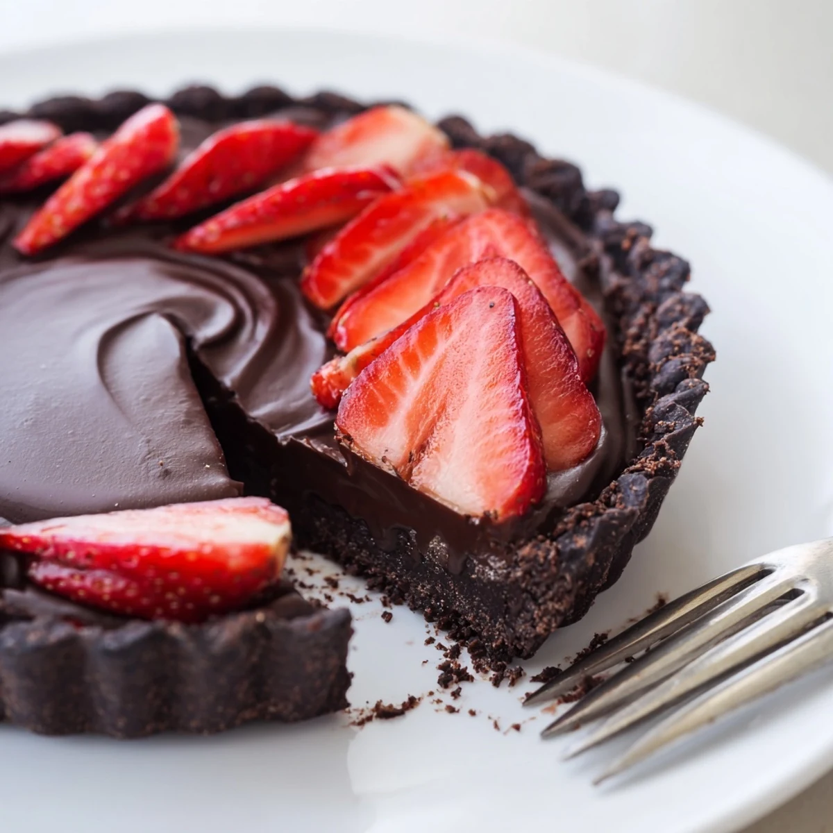 Slice of Dark Chocolate Strawberry Tart Recipe on plate, flaky chocolate crust