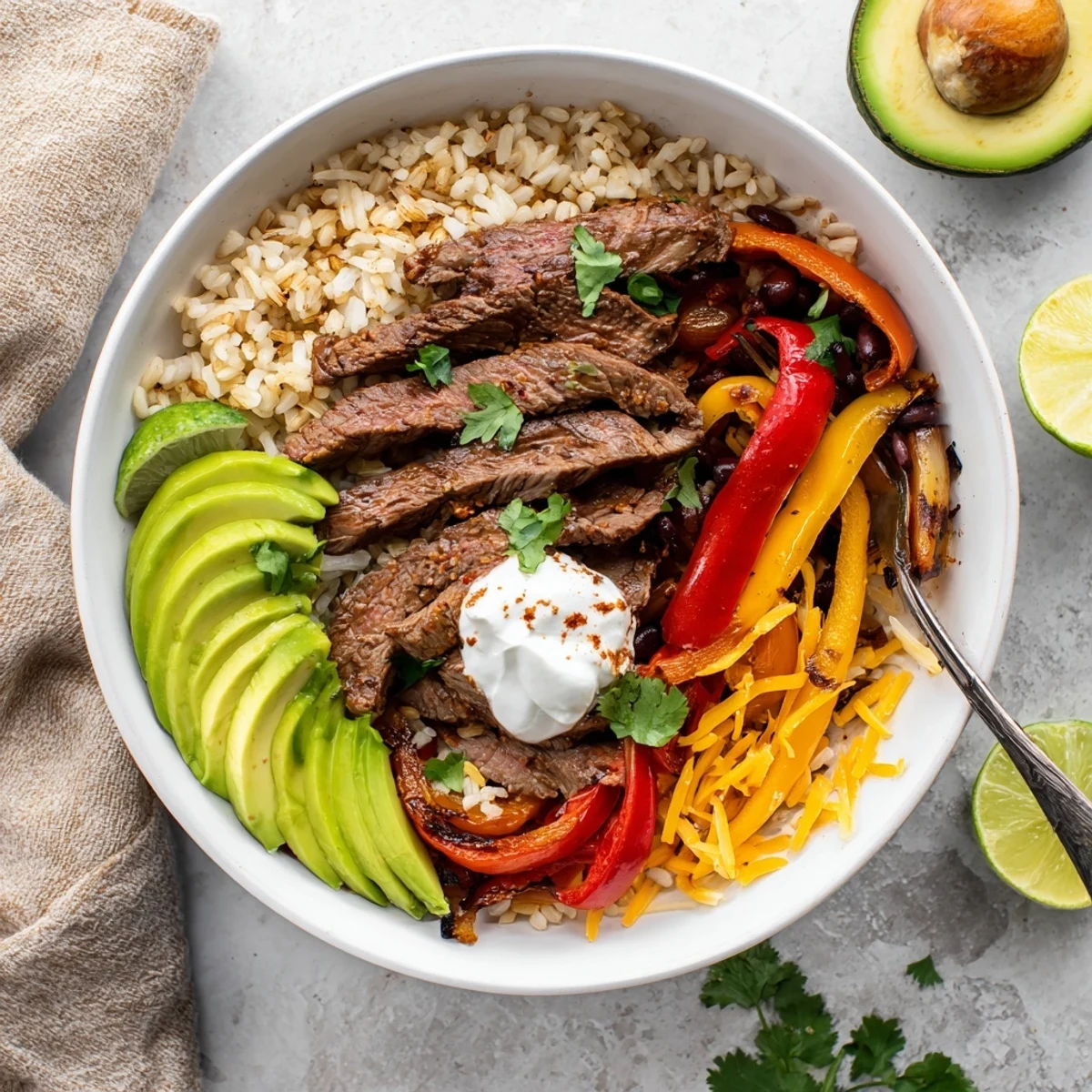 Steak Fajita Power Bowls with sizzling marinated steak, vibrant peppers, creamy avocado