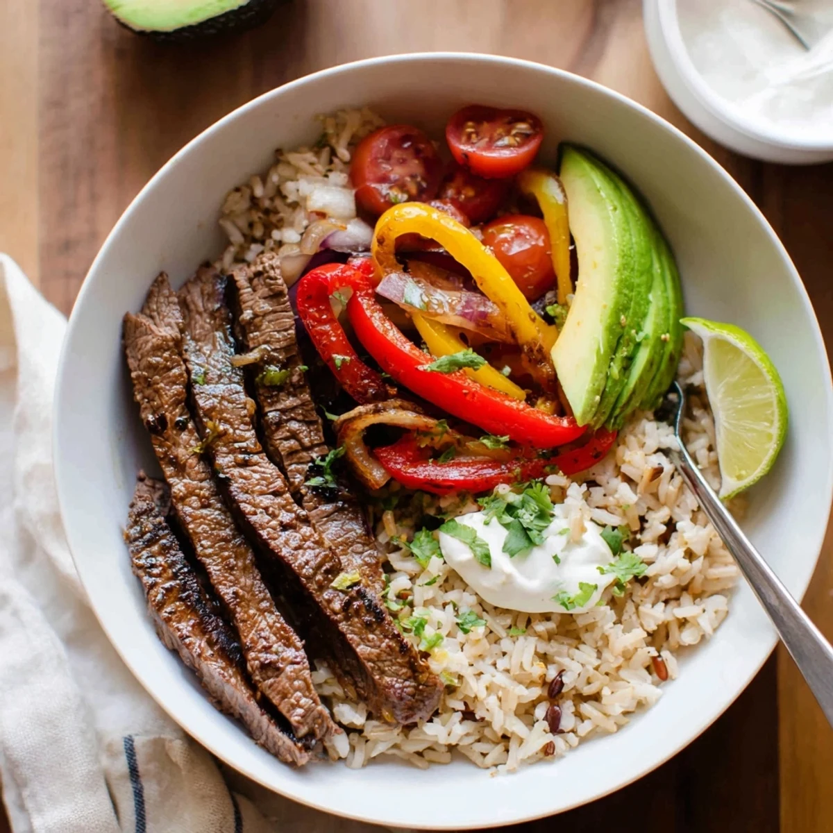 Sizzling marinated steak and peppers in Steak Fajita Power Bowls, ready to eat