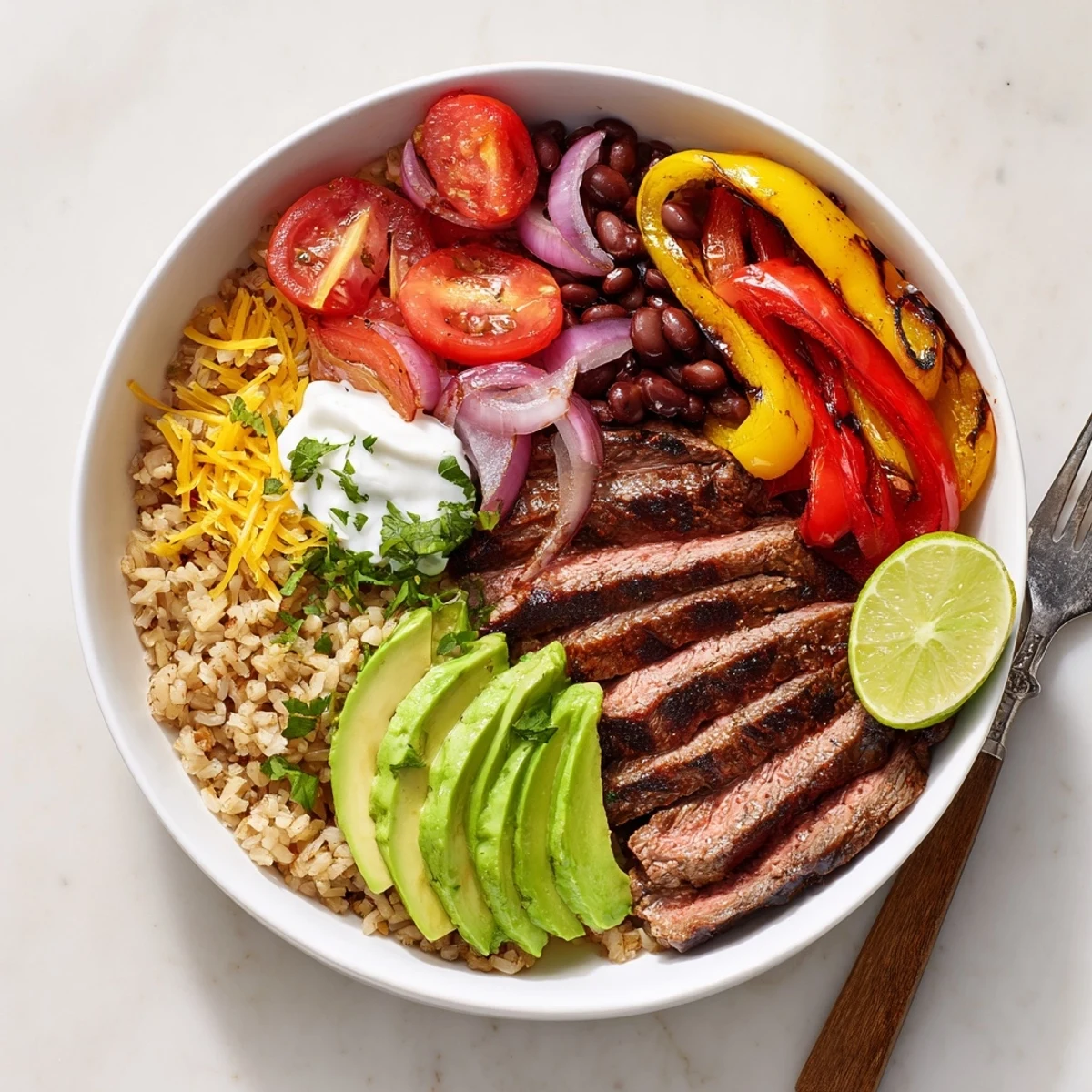 Grilled flank steak, colorful peppers, lime-spritzed rice in Steak Fajita Power Bowls