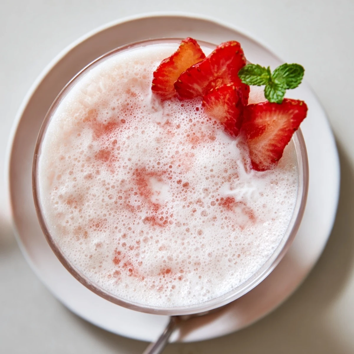 Bright pink Strawberry Coconut Cooler Recipe with creamy coconut and lime zest.