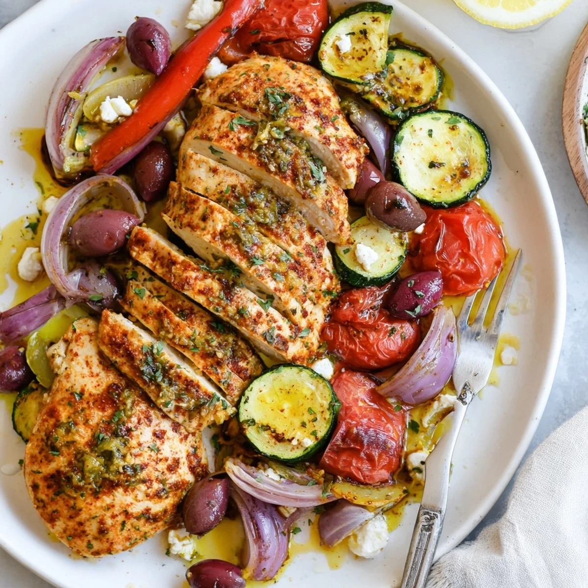 Sheet Pan Mediterranean Chicken Zucchini roasted golden with cherry tomatoes and olives