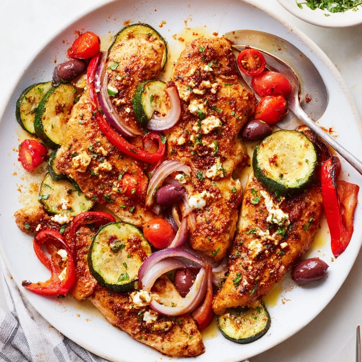 Juicy Sheet Pan Mediterranean Chicken Zucchini topped with crumbled feta and parsley