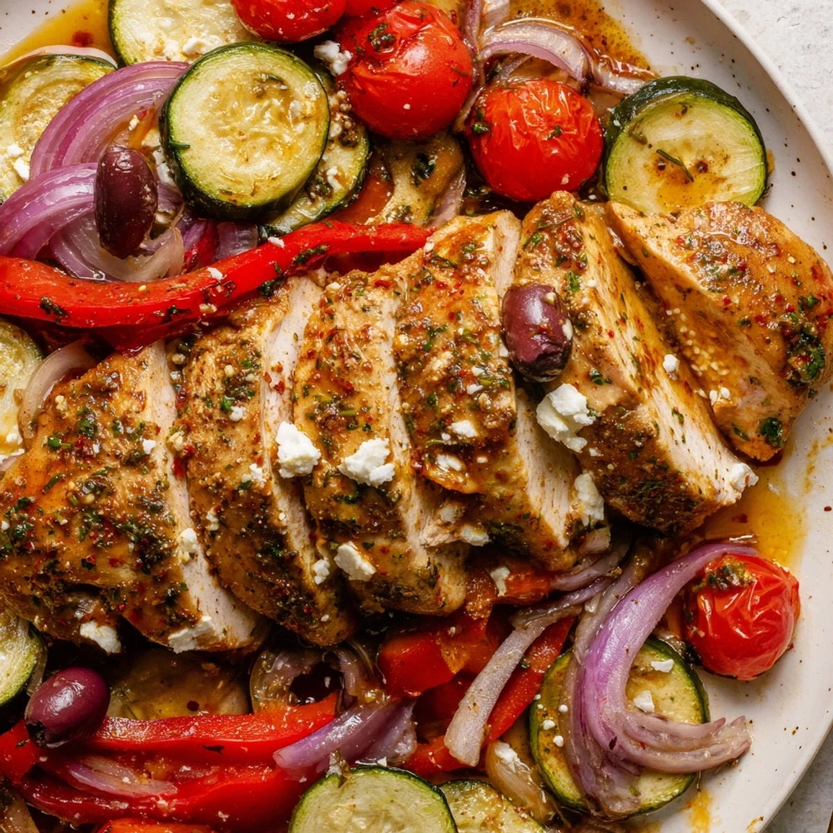 Hot from the oven Sheet Pan Mediterranean Chicken Zucchini with warm pita, pan juices