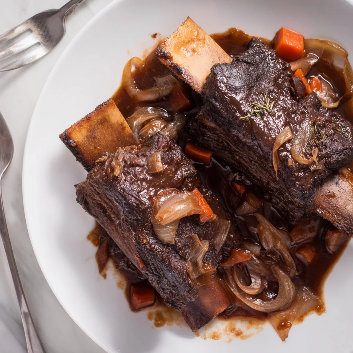 Nestled on carrots and onions, Slow Cooker Beef Short Ribs served with mashed potatoes