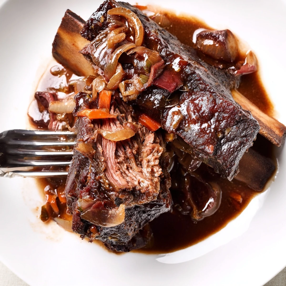 Slow Cooker Beef Short Ribs falling off bone in glossy, savory red-wine sauce