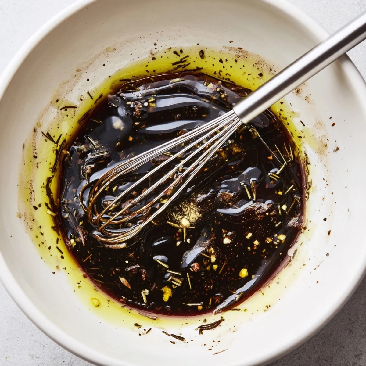 Homemade Steak Marinade bathing ribeye, tangy balsamic and lemon brightening flavors