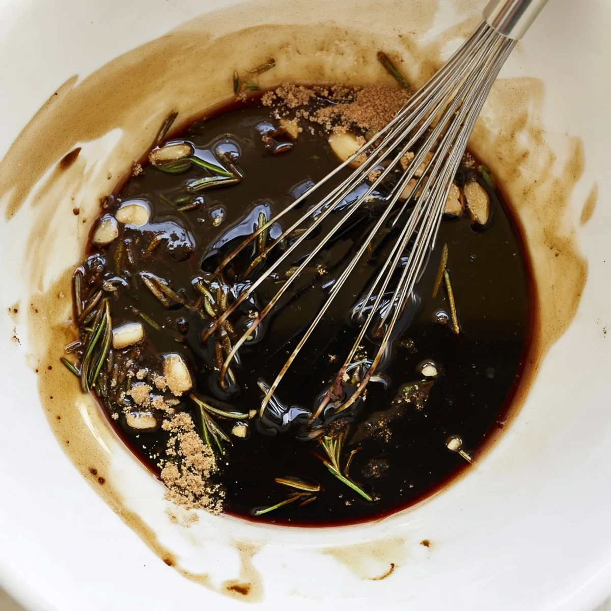Steak Marinade glistening on skirt steak, garlic and rosemary aroma ready for searing