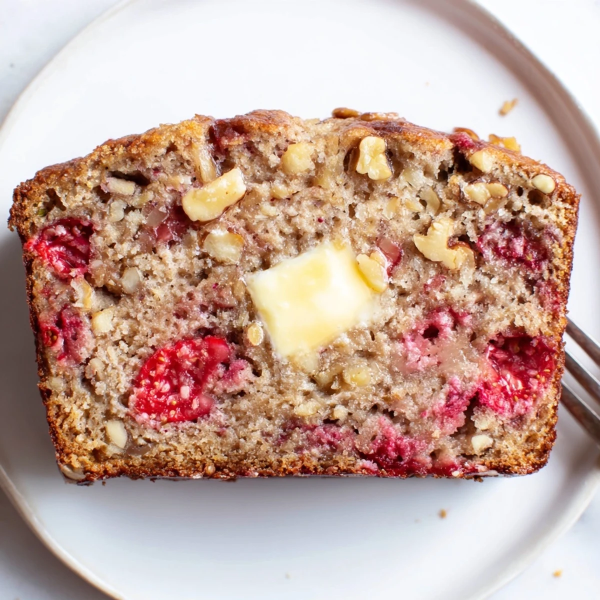 A warm Strawberry Banana Bread Recipe cooling on a rack, strawberries glistening.