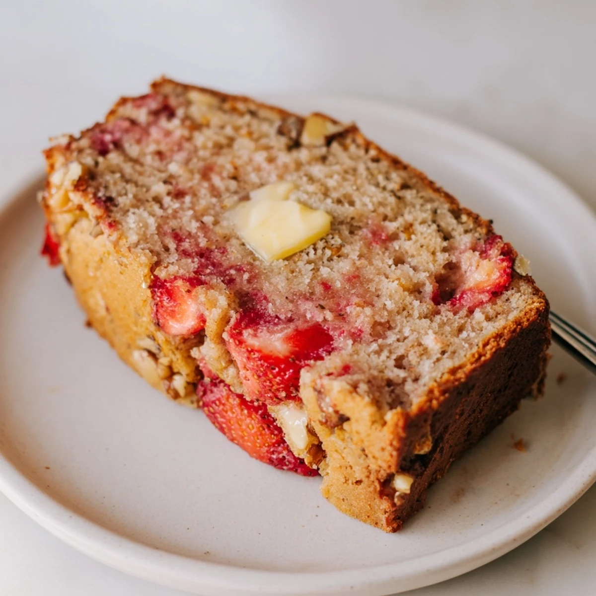 Slice of Strawberry Banana Bread Recipe served warm with melting butter.
