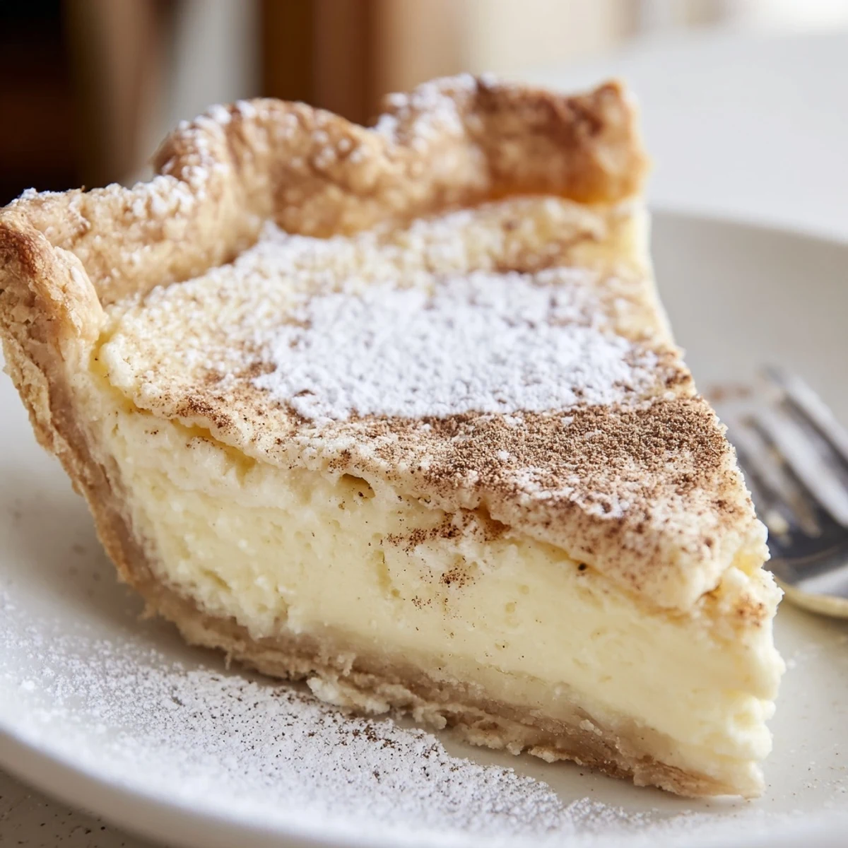 Warm Christmas Eve Custard Pie With Cinnamon Vanilla, silky filling topped with powdered sugar