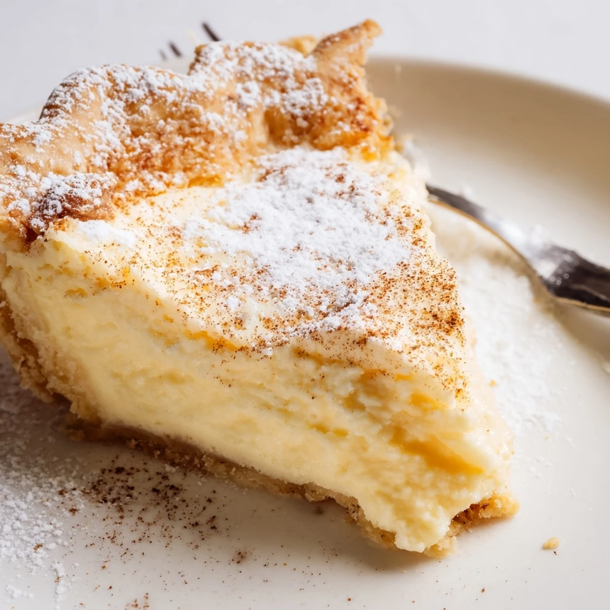 Sliced Christmas Eve Custard Pie With Cinnamon Vanilla on plate, creamy, warmly spiced